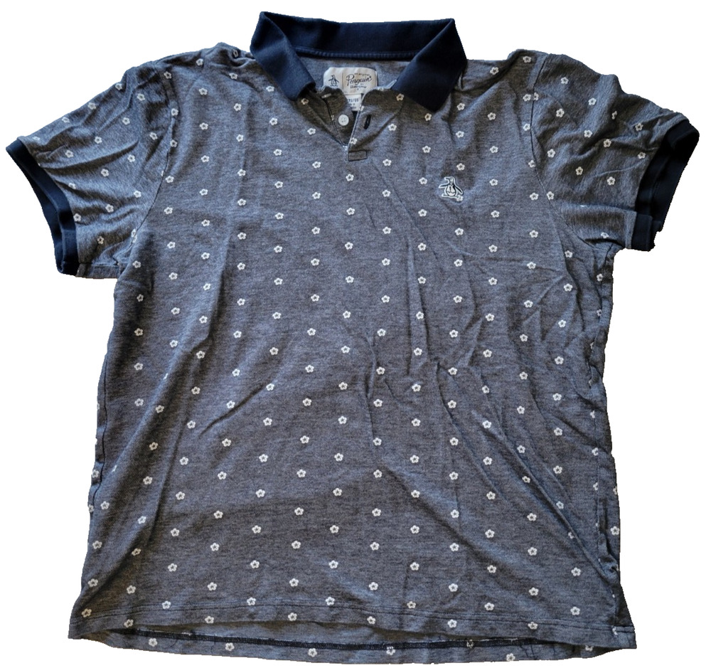 Original Penguin Mens XL Gray Floral Print Polo Shirt Navy Trim Munsingwear